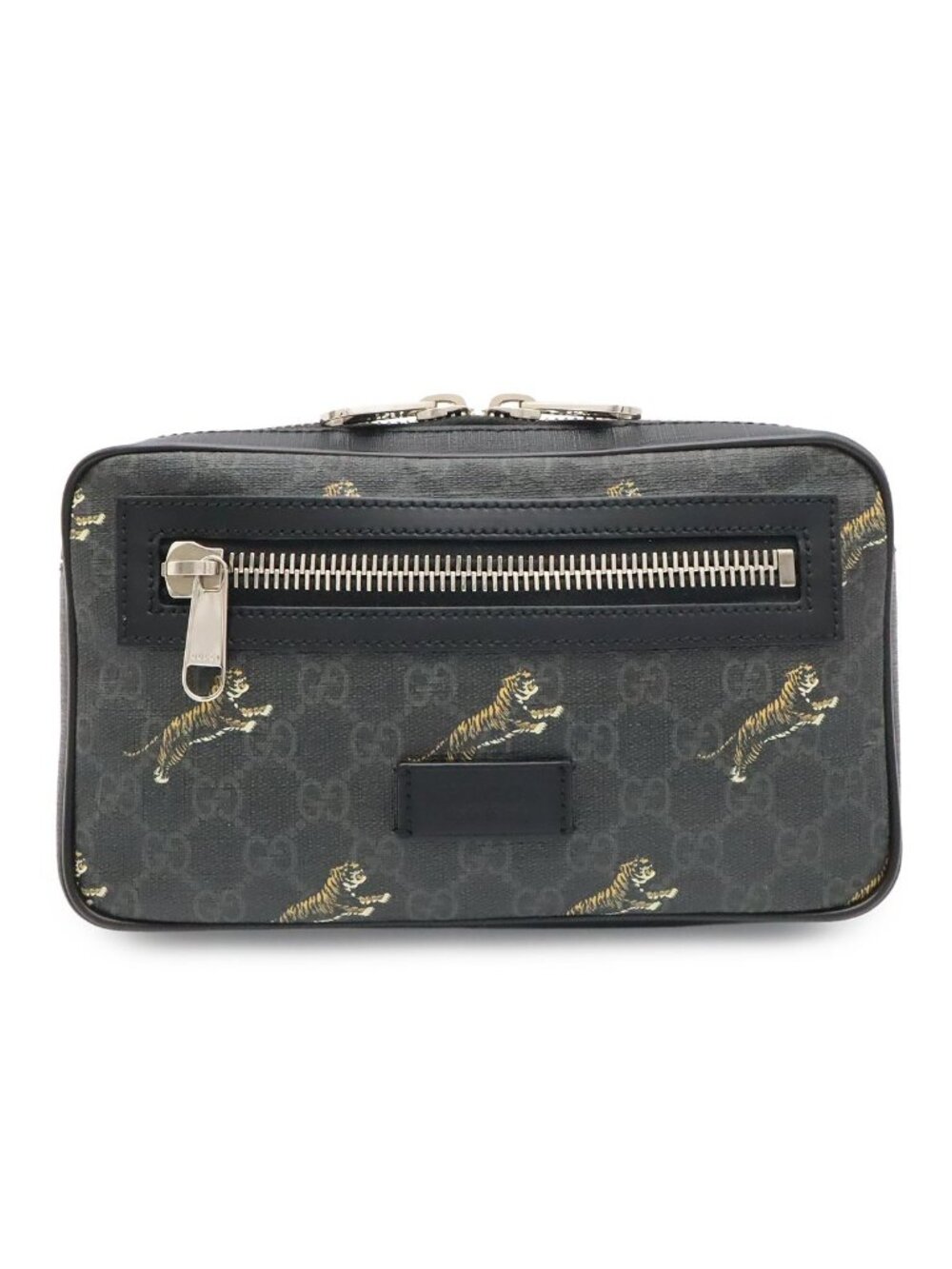Gucci GG Supreme Web Line Tiger Waist Bag Leather Black Dark Gray